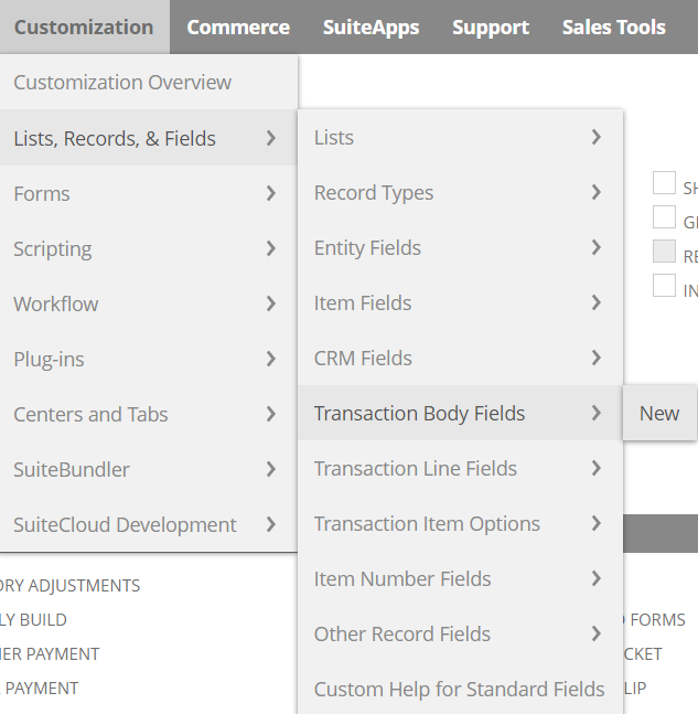 NetSuite new custom field menu.